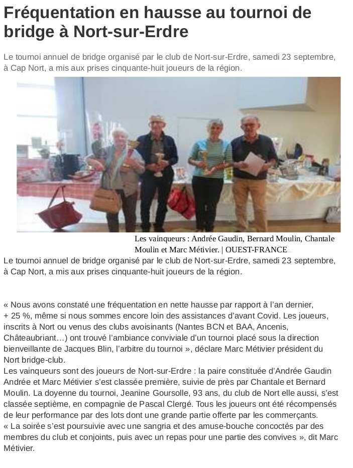 Fréquentation en hausse au tournoi de bridge à Nort-sur-Erdre