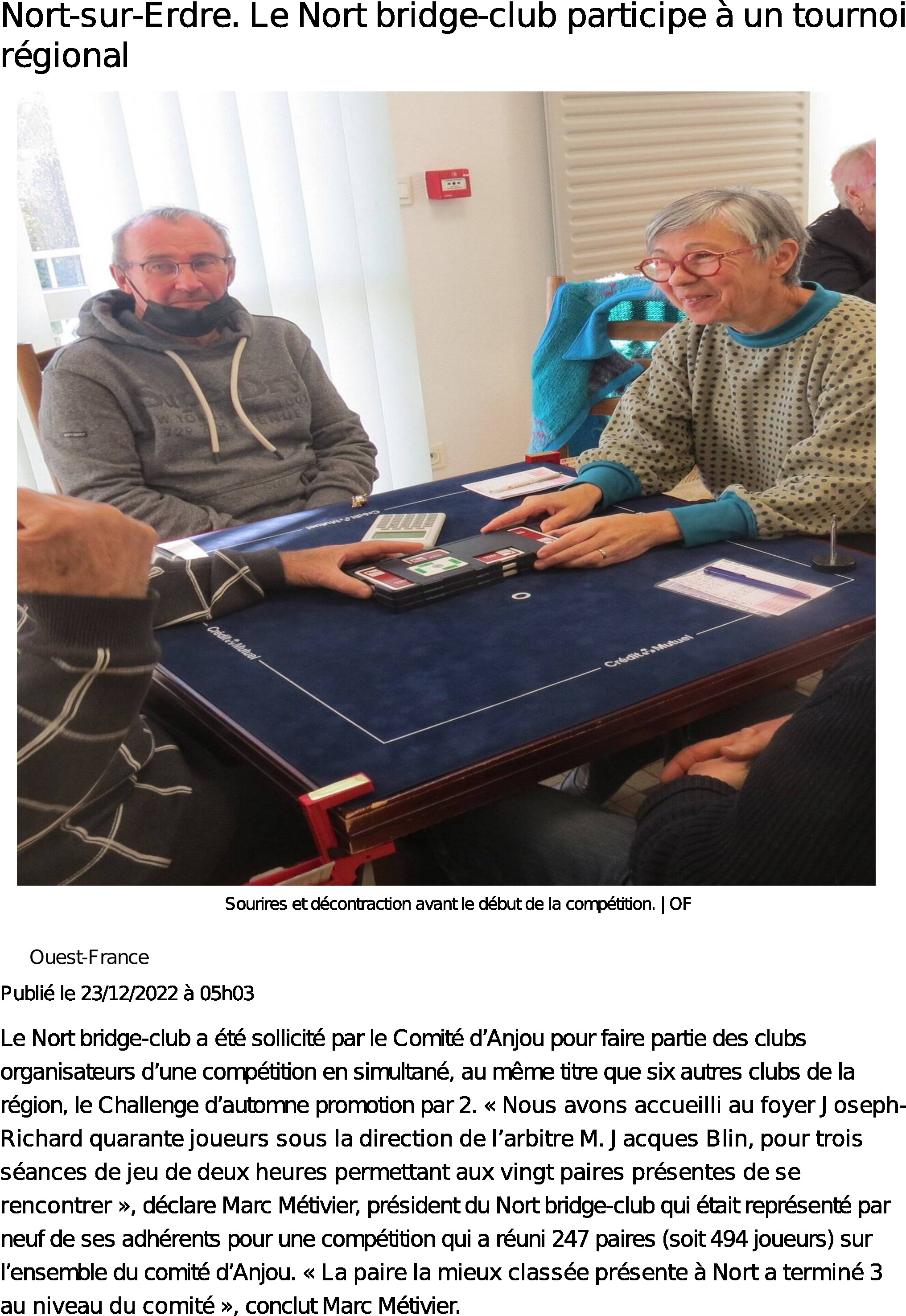 Le Nort bridge-club participe à un tournoi régional