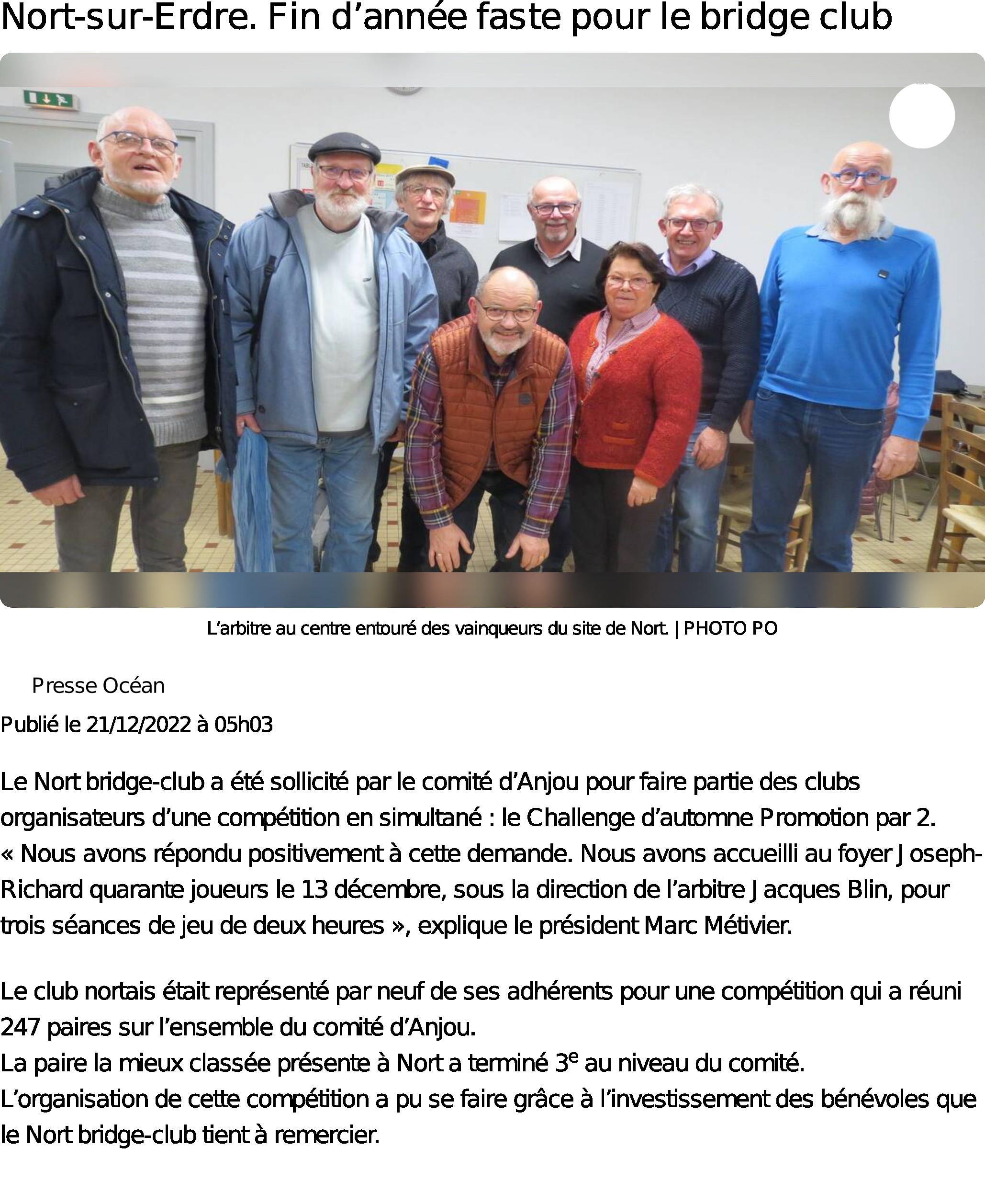 Fin d'année faste pour le bridge club