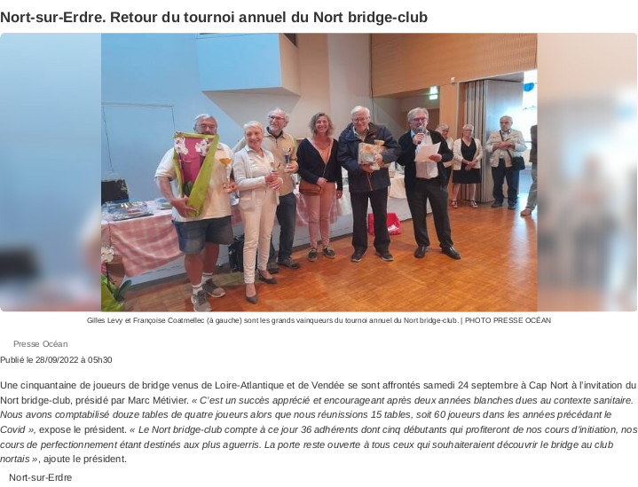 Retour du tournoi annuel du Nort Bridge Club